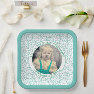 Your Photo 45 Random Number Pattern Teal/White  Paper Plates