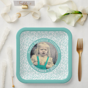 Your Photo 50 Random Number Pattern Teal/White  Paper Plates