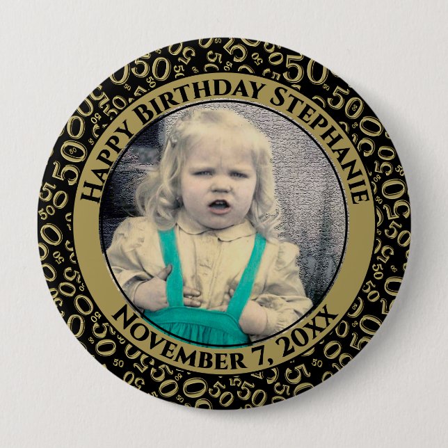 Your Photo 50th Birthday Number | Black/Gold Button (Front)
