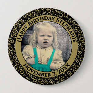 Your Photo 50th Birthday Number   Black/Gold Button