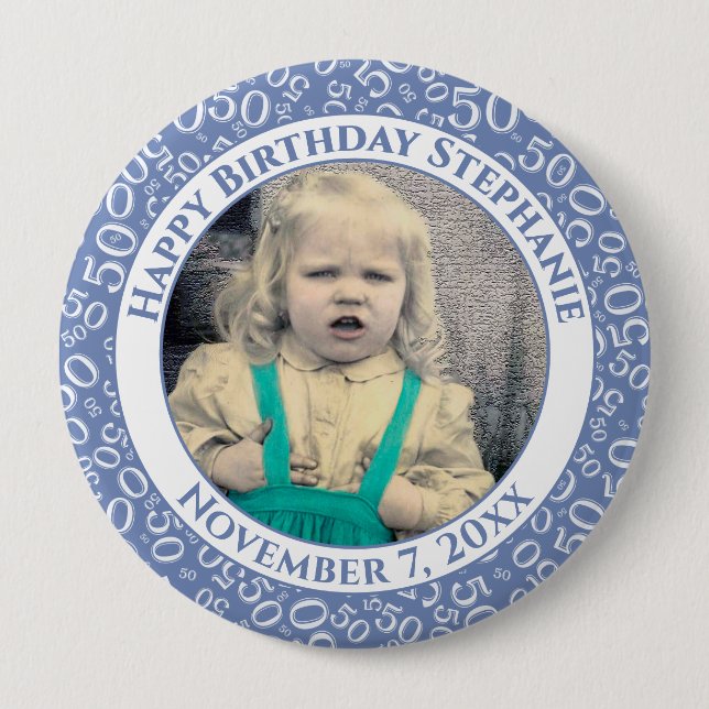 Your Photo 50th Birthday Number Pattern | Blue Button (Front)