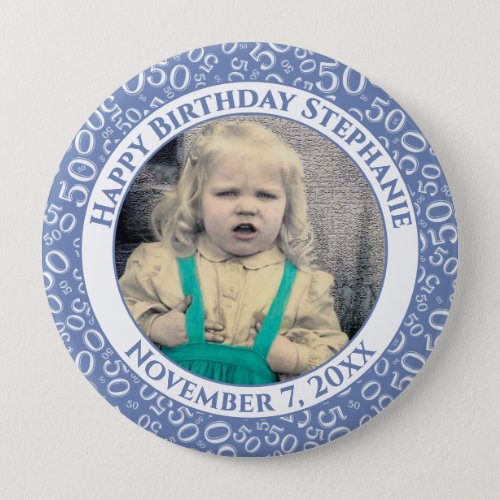 Your Photo 50th Birthday Number Pattern  Blue Button