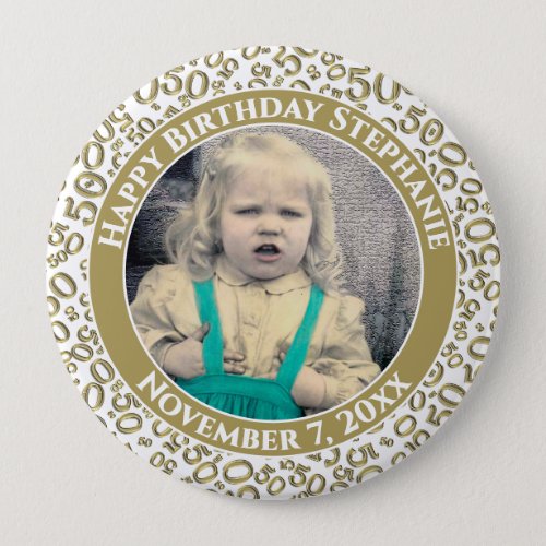 Your Photo 50th Birthday Number Pattern  Gold But Button