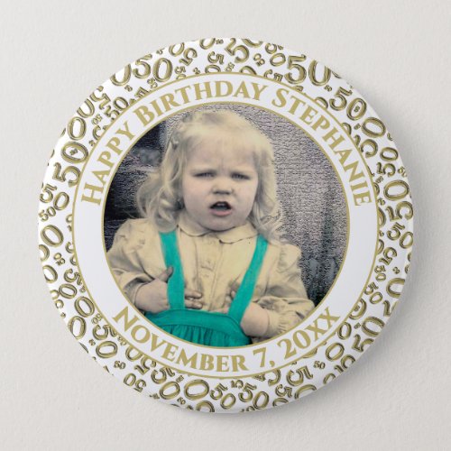 Your Photo 50th Birthday Number Pattern  Gold Button
