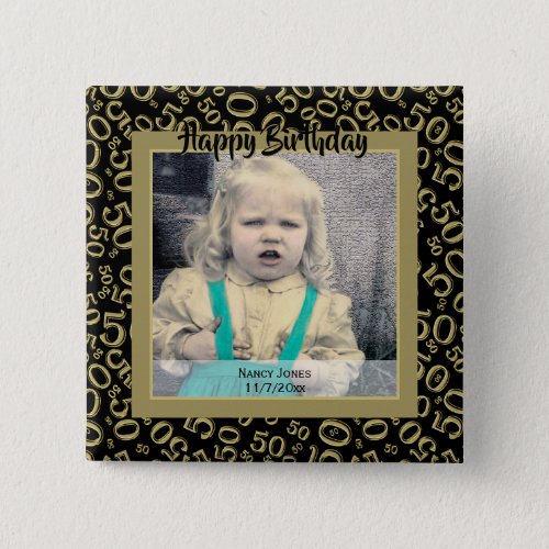 Your Photo  50th Number Pattern Gold and Black Button