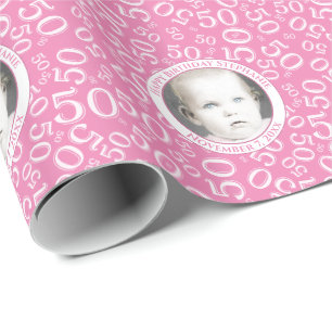 Your Photo 50th Pink Random Number Pattern Wrapping Paper