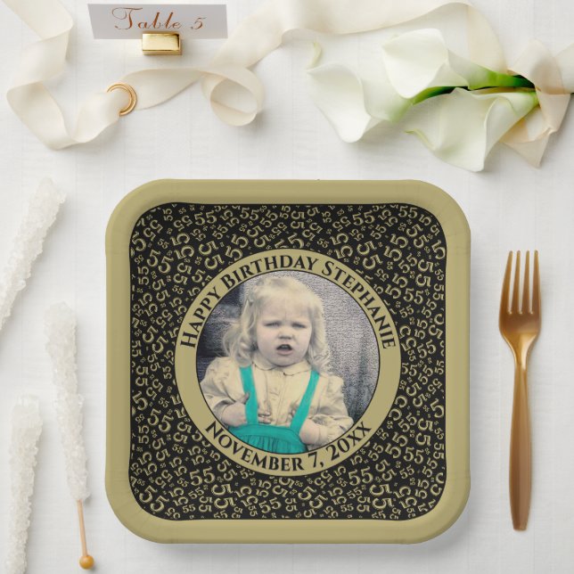 Your Photo 55 Random Number Pattern Black/Gold  Paper Plates (Wedding)