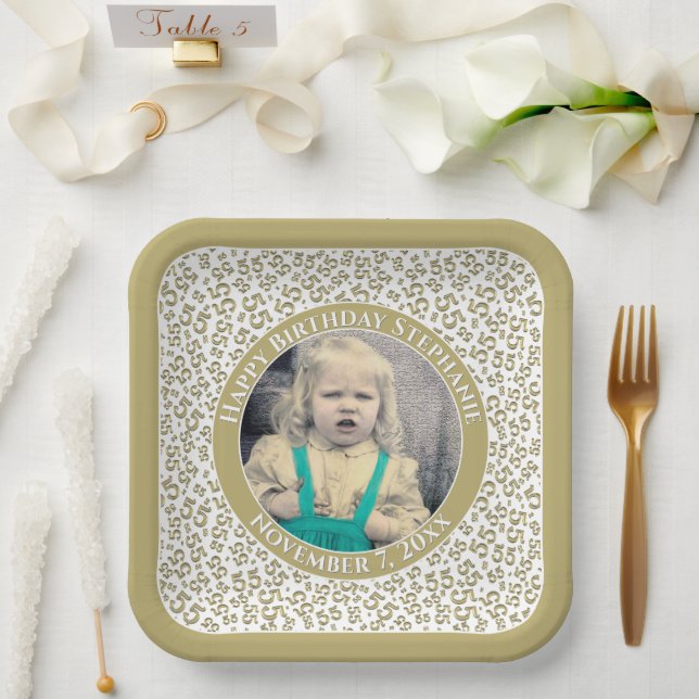 Your Photo 55 Random Number Pattern Gold/White  Paper Plates (Wedding)