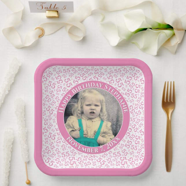 Your Photo 55 Random Number Pattern Pink/White  Paper Plates (Wedding)