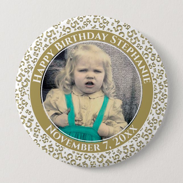 Your Photo 55th Birthday Number | Gold White Button (Front)