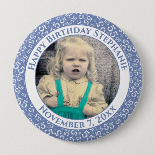 Your Photo 55th Birthday Number Pattern  Blue Button