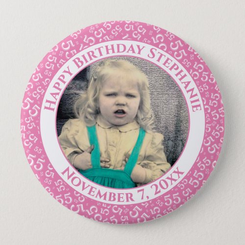 Your Photo 55th Birthday Number Pattern  Pink Button