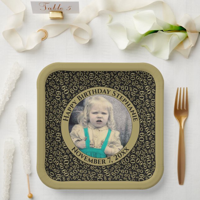 Your Photo 60 Random Number Pattern Black/Gold  Paper Plates (Wedding)