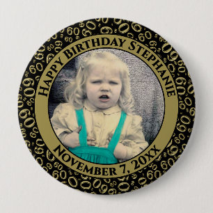 Your Photo 60th Birthday Number Pattern Black/Gold Button