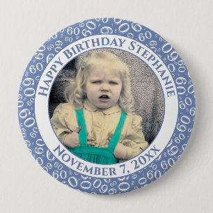 Your Photo 60th Birthday Number Pattern Blue Button