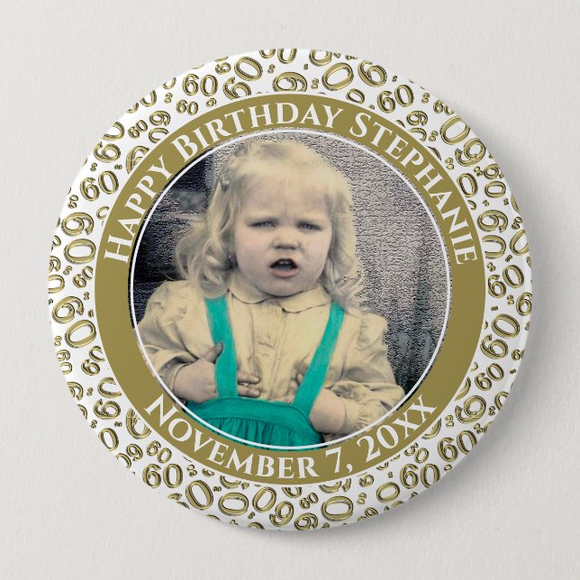 Your Photo 60th Birthday Number Pattern Gold Button (Front)