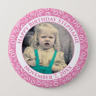 Your Photo 60th Birthday Number Pattern   Pink Button