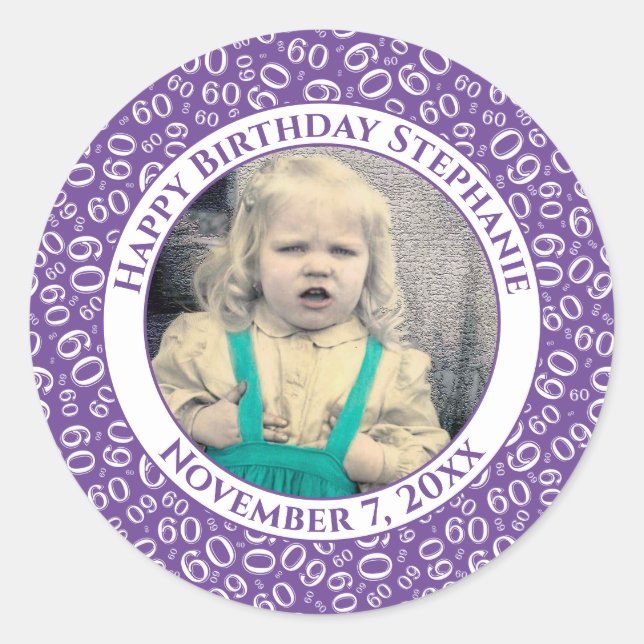 Your Photo 60th Birthday Number | Purple/White 60 Classic Round Sticker (Front)