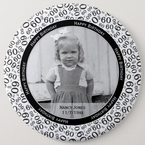 Your Photo  60th Number Pattern Black and White Button