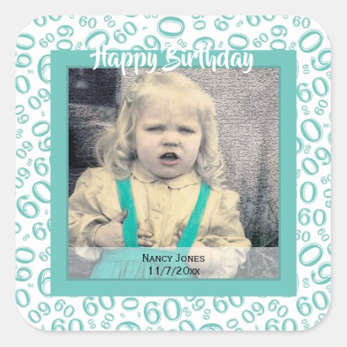 Your Photo  60th Number Pattern Teal and White Square Sticker