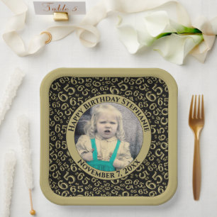 Your Photo 65 Random Number Pattern Black/Gold  Paper Plates