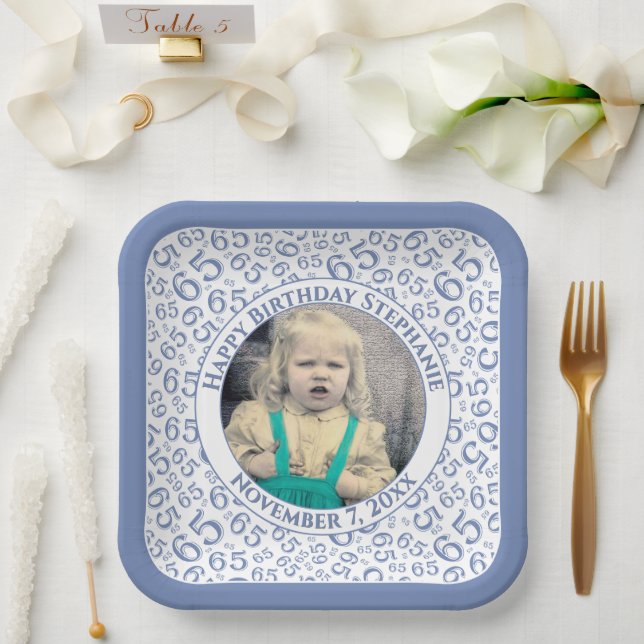 Your Photo 65 Random Number Pattern Blue/White  Paper Plates (Wedding)