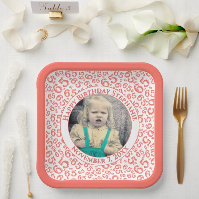 Your Photo 65 Random Number Pattern Coral/White  Paper Plates (Wedding)