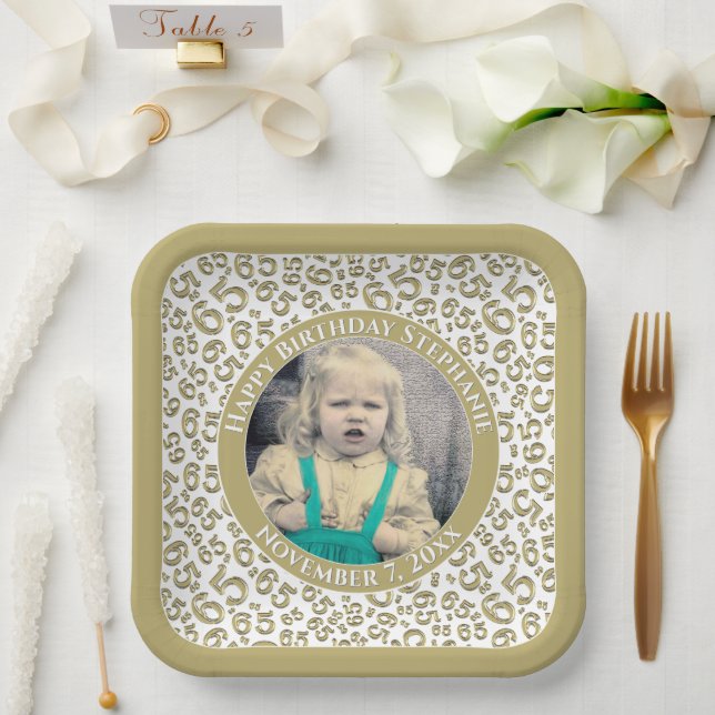 Your Photo 65 Random Number Pattern Gold/White  Paper Plates (Wedding)