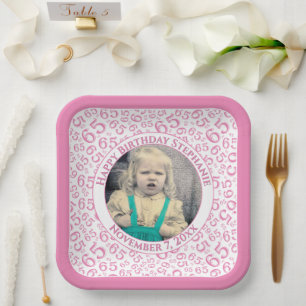 Your Photo 65 Random Number Pattern Pink/White Paper Plates