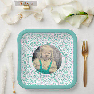 Your Photo 65 Random Number Pattern Teal/White Paper Plates