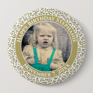Your Photo 65th Birthday Number Pattern Gold Button