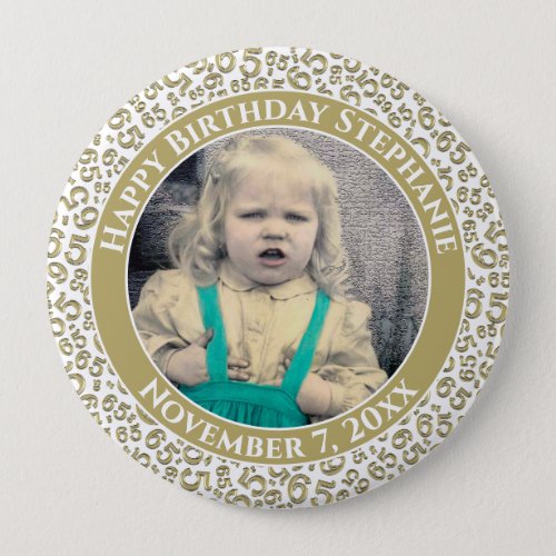 Your Photo 65th Birthday Number Pattern  Gold Button