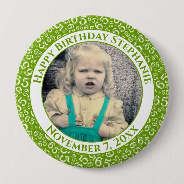 Your Photo 65th Birthday Number Pattern | Green Button (Front)