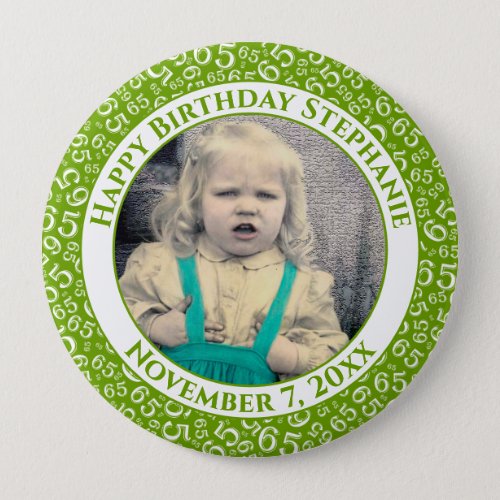 Your Photo 65th Birthday Number Pattern  Green Button