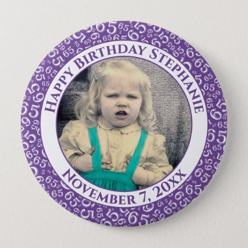 Your Photo 65th Birthday Number Pattern  Purple Button