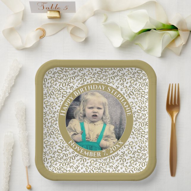 Your Photo 70 Random Number Pattern Gold/White  Paper Plates (Wedding)