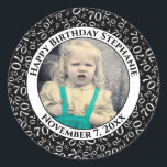 Your Photo 70th Birthday Number | Black/White 70 Classic Round Sticker<br><div class="desc">This is a commemorative button with your photo and text for celebrating your 70th Birthday. There is a text template to make it easy to change the message and date. There is also a photo template to make it easy to add your image. This black-and-white picture frame is a random...</div>