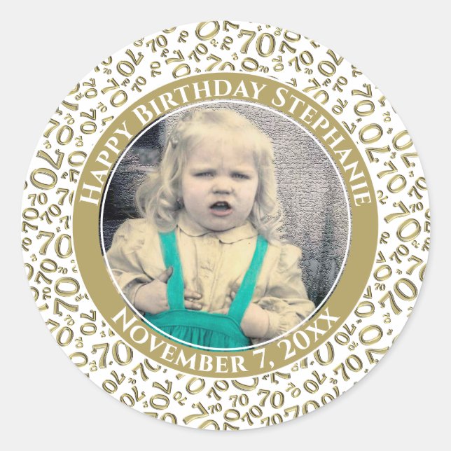 Your Photo 70th Birthday Number | Gold/White 70 Classic Round Sticker (Front)
