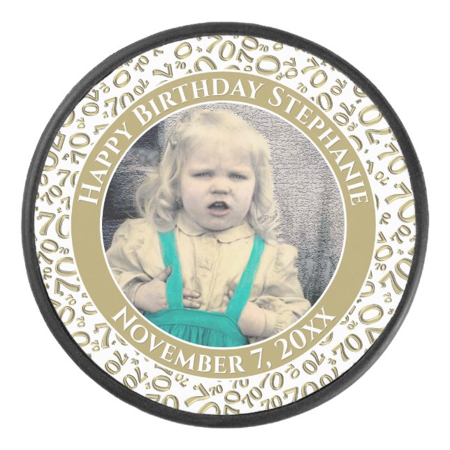 Your Photo 70th Random Number Pattern Gold/White Hockey Puck (Front)