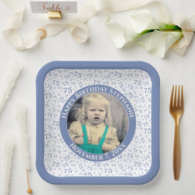 Your Photo 75 Random Number Pattern Blue/White  Paper Plates (Wedding)