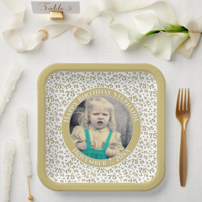 Your Photo 75 Random Number Pattern Gold/White  Paper Plates (Wedding)