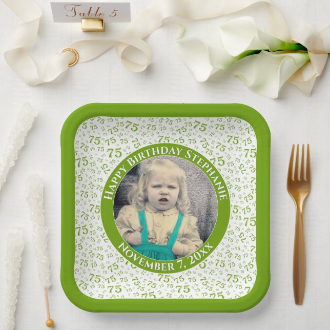 Your Photo 75 Random Number Pattern Green/White  Paper Plates (Wedding)