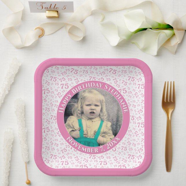 Your Photo 75 Random Number Pattern Pink/White  Paper Plates (Wedding)