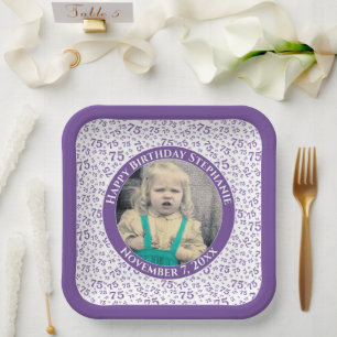 Your Photo 75 Random Number Pattern Purple/White Paper Plates