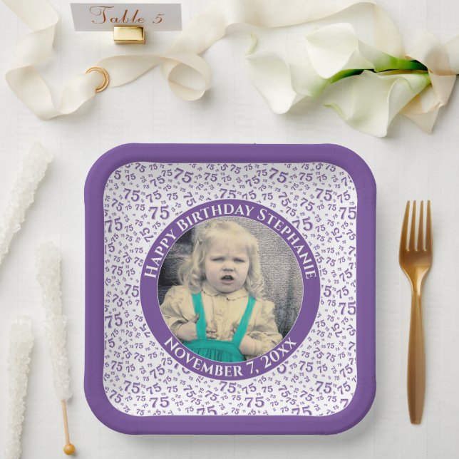 Your Photo 75 Random Number Pattern Purple/White  Paper Plates (Wedding)