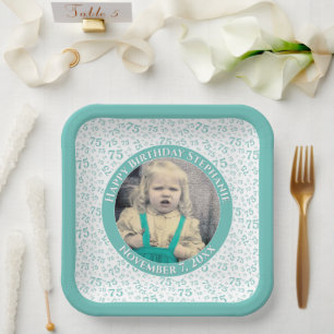 Your Photo 75 Random Number Pattern Teal/White  Paper Plates