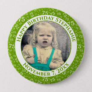 Your Photo 75th Birthday Number Pattern Green Button