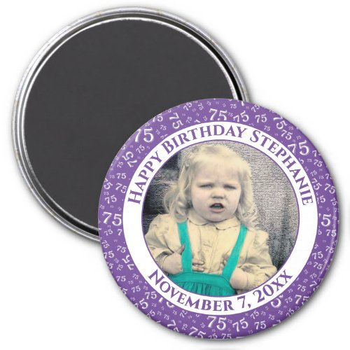 Your Photo 75th Birthday Number Pattern  Purple Magnet