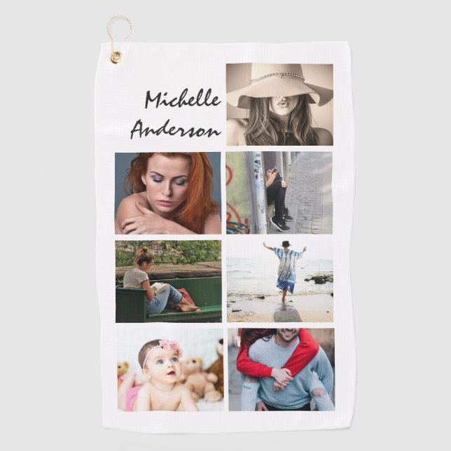 YOUR photo 7 collage with name modern trendy Golf Towel (Front)