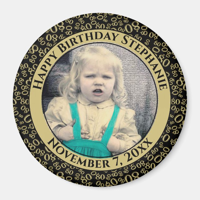 Your Photo 80th Birthday Number Pattern Black/Gold Magnet (Front)